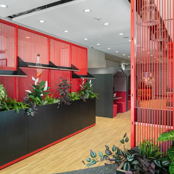 Connection Harp space divider with biophilia planters AstraZeneca Macclesfield case study