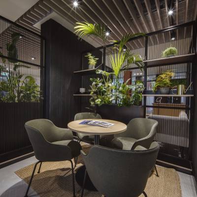 Connection Harp space divider with biophilia and Rollie soft seating chair