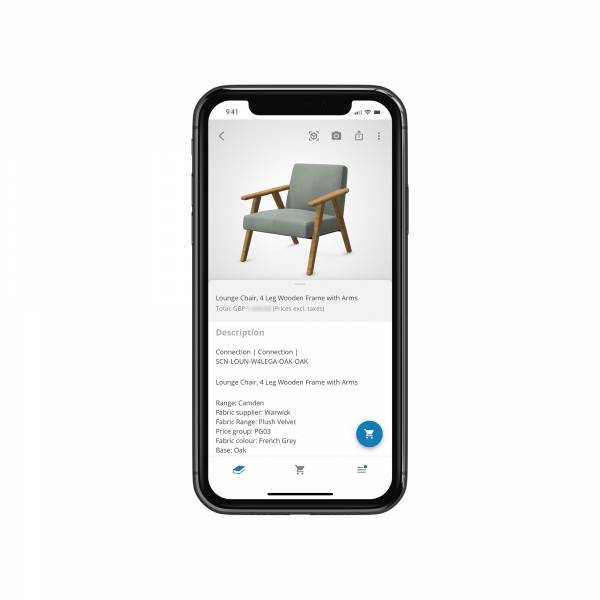 Phone display showing an arm chair listing