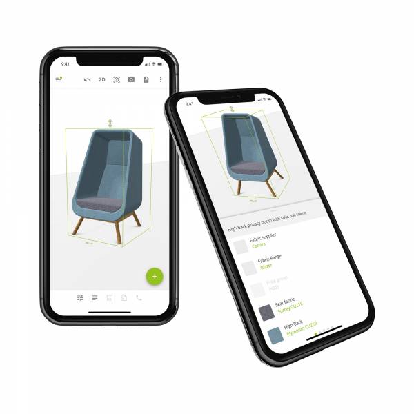 Phone display showing CAD models of a seating booth