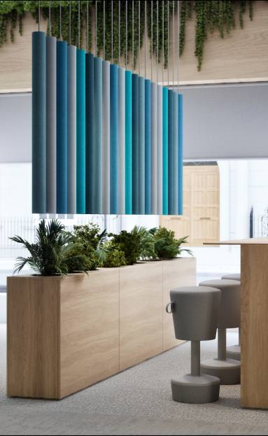 Connection Islands planters with OFFECCT Soundsticks and Profim Mickey stools in the inclusive workplace