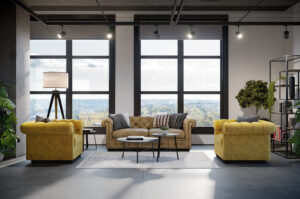 Tan leather Bloomsbury sofa with mustard Bloomsbury armchairs