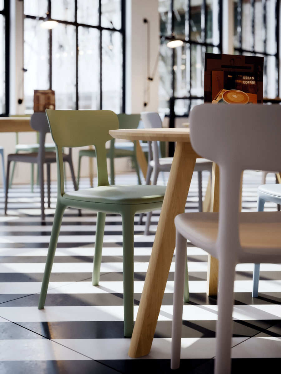 Yellow and grey Canova in work cafe setting